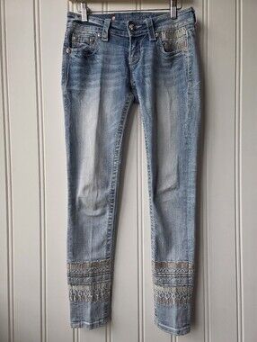 Miss Me Signature Cuffed Skinny Denim Jeans Light Wash Embroidered Size 25